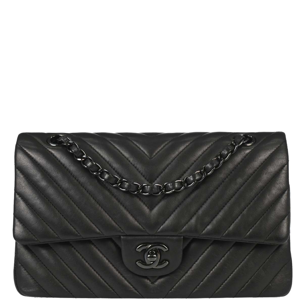 Chanel 2015-2016 Black Lambskin Chevron Medium Classic Double Flap Shoulder Bag