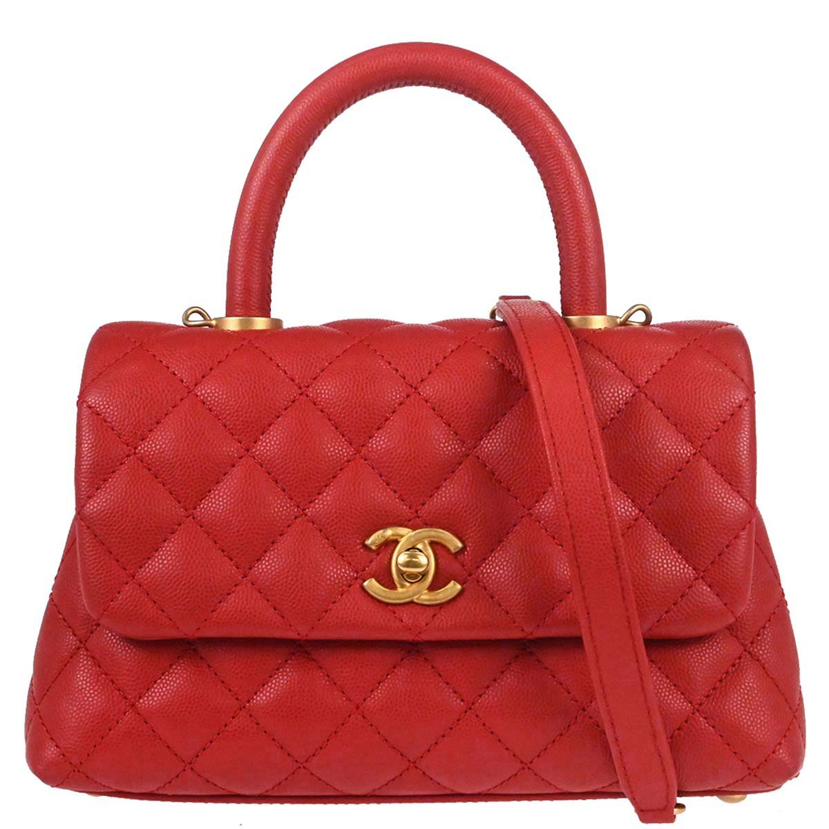 Chanel 2019 Red Caviar Skin Coco Handle 2way Shoulder Handbag
