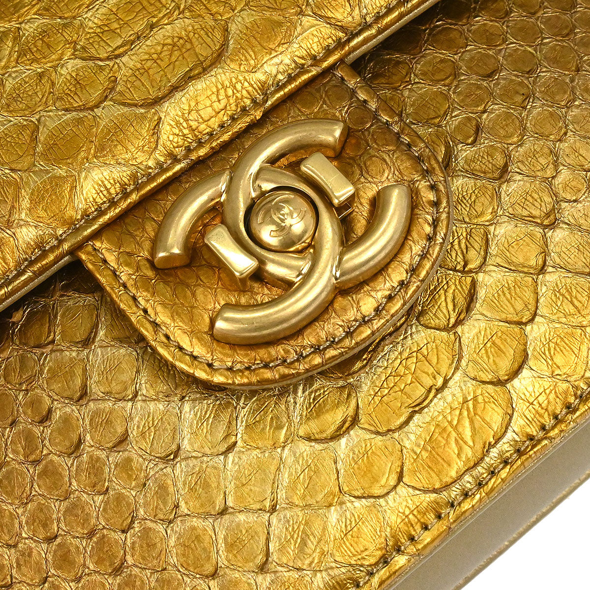 Chanel * 2014-2015 Gold Python Perfect Edge Flap Bag 2way Shoulder Handbag