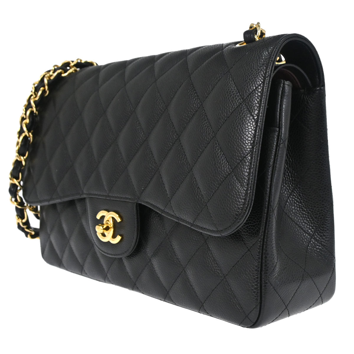 Chanel 2014 Black Caviar Skin Jumbo Classic Double Flap Shoulder Bag