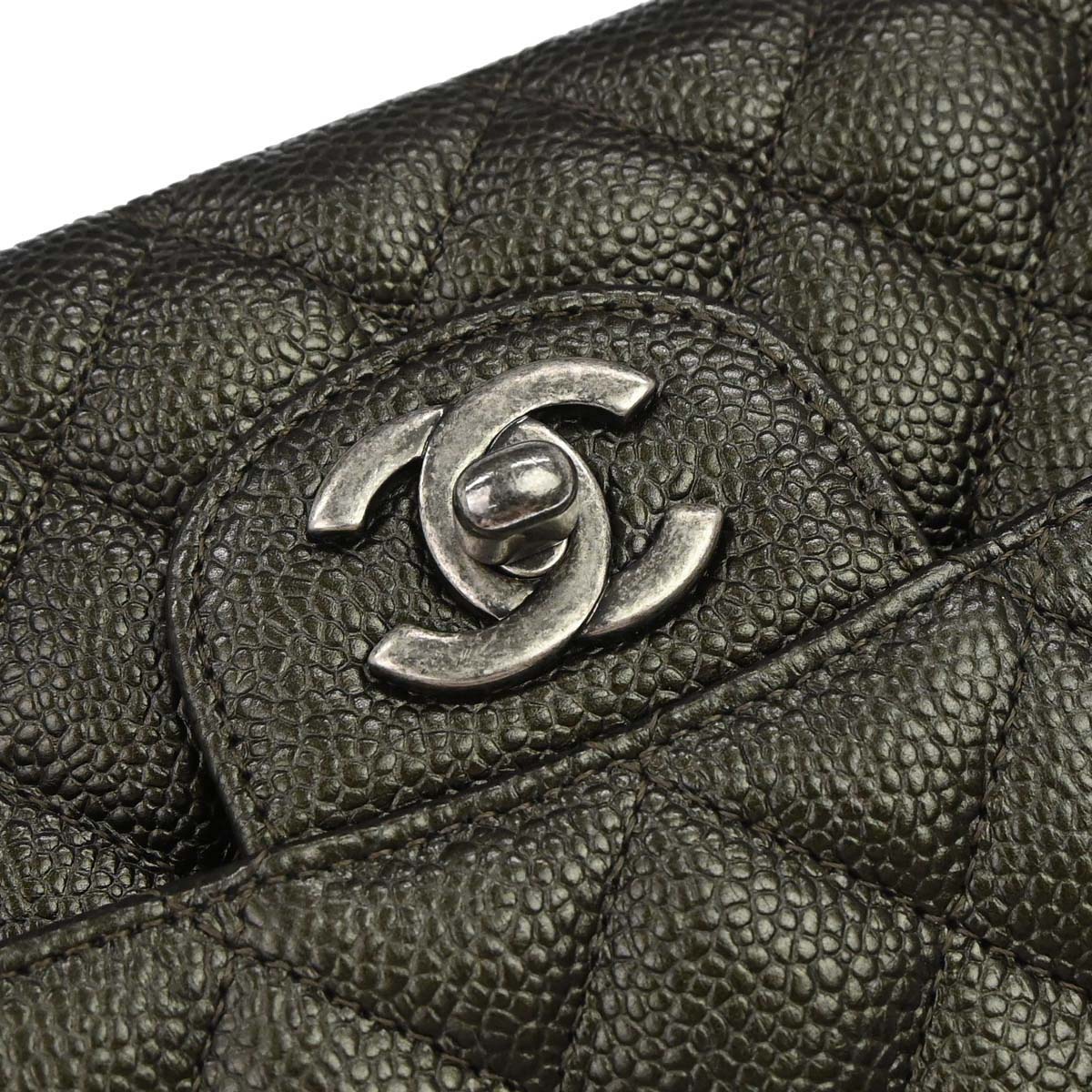 Chanel 2017 Metallic Green Caviar Skin Medium Classic Double Flap Shoulder Bag