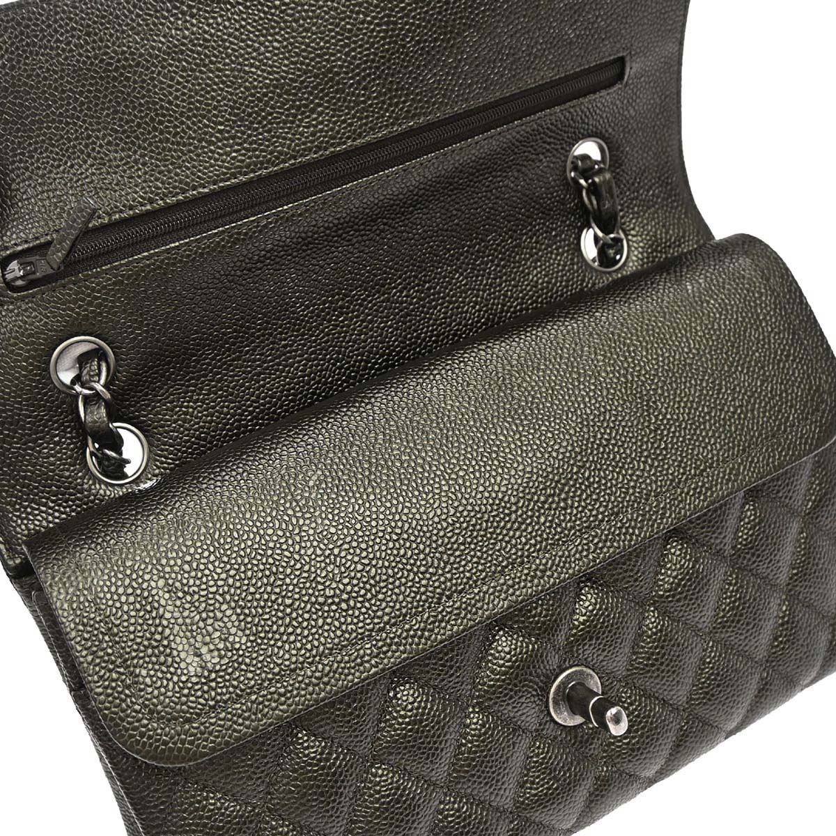 Chanel 2017 Metallic Green Caviar Skin Medium Classic Double Flap Shoulder Bag