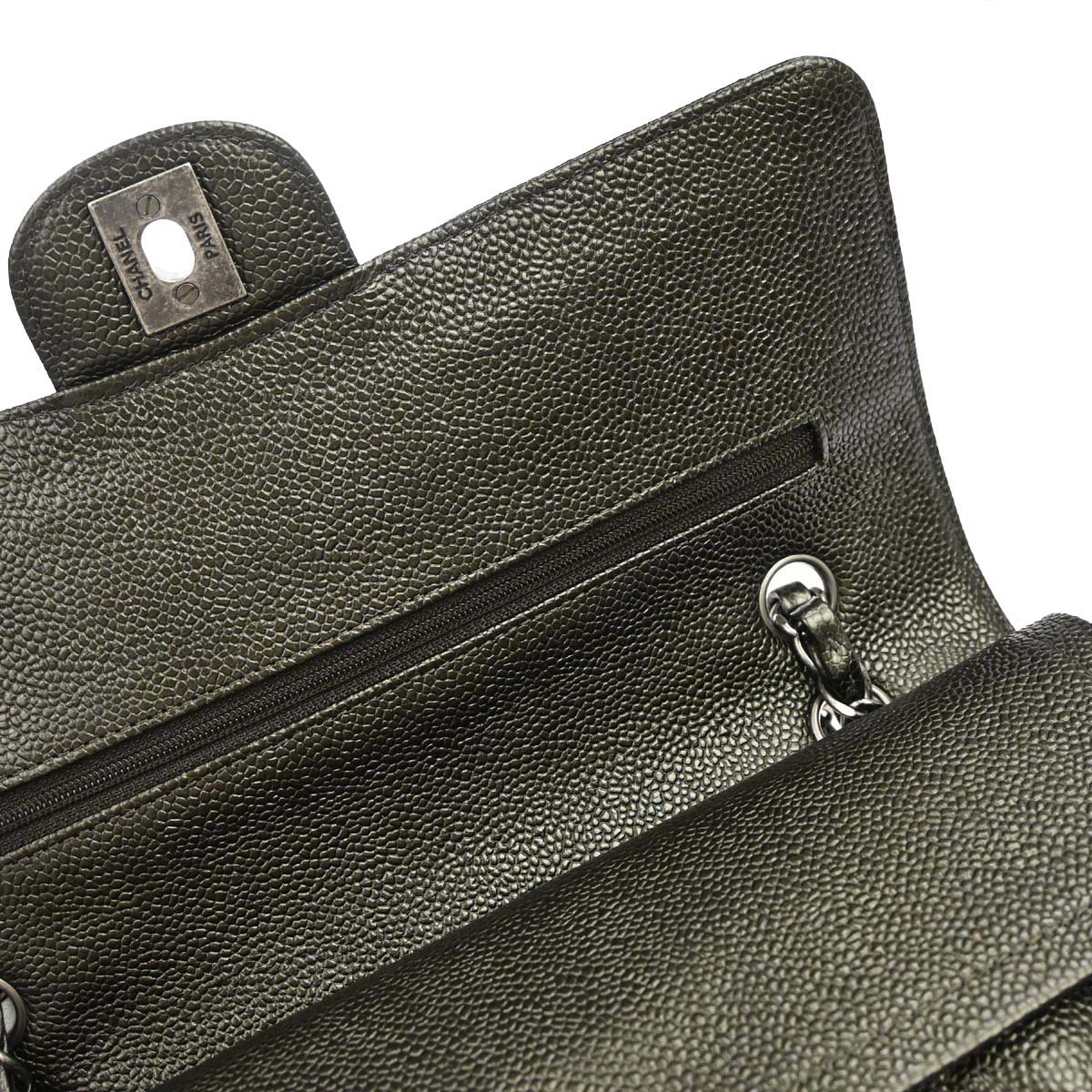 Chanel 2017 Metallic Green Caviar Skin Medium Classic Double Flap Shoulder Bag