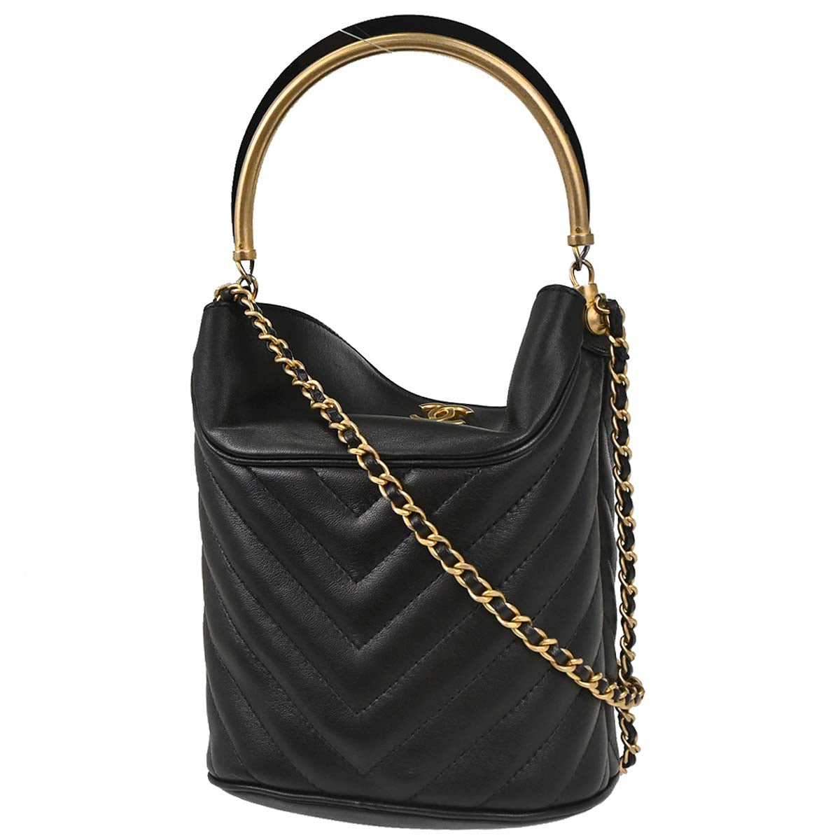 Chanel Black Lambskin Chevron Handle with Chic Bucket 2way Shoulder Handbag