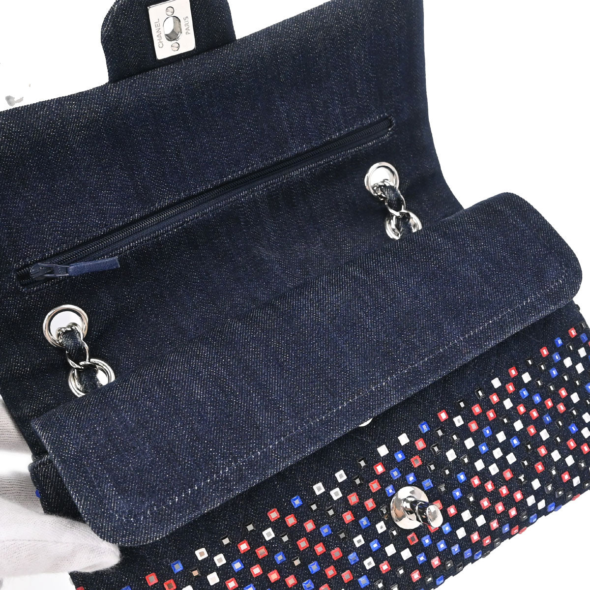 Chanel Navy Denim Crystal Medium Classic Double Flap Shoulder Bag