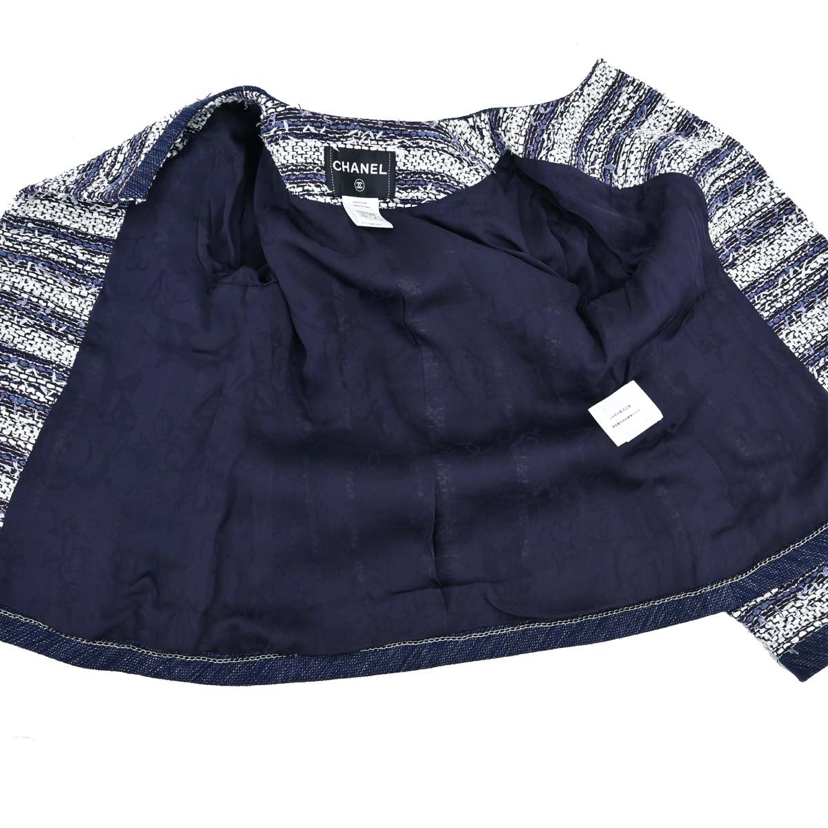Chanel 2013 Single Breasted Collarless Tweed Jacket Navy #36