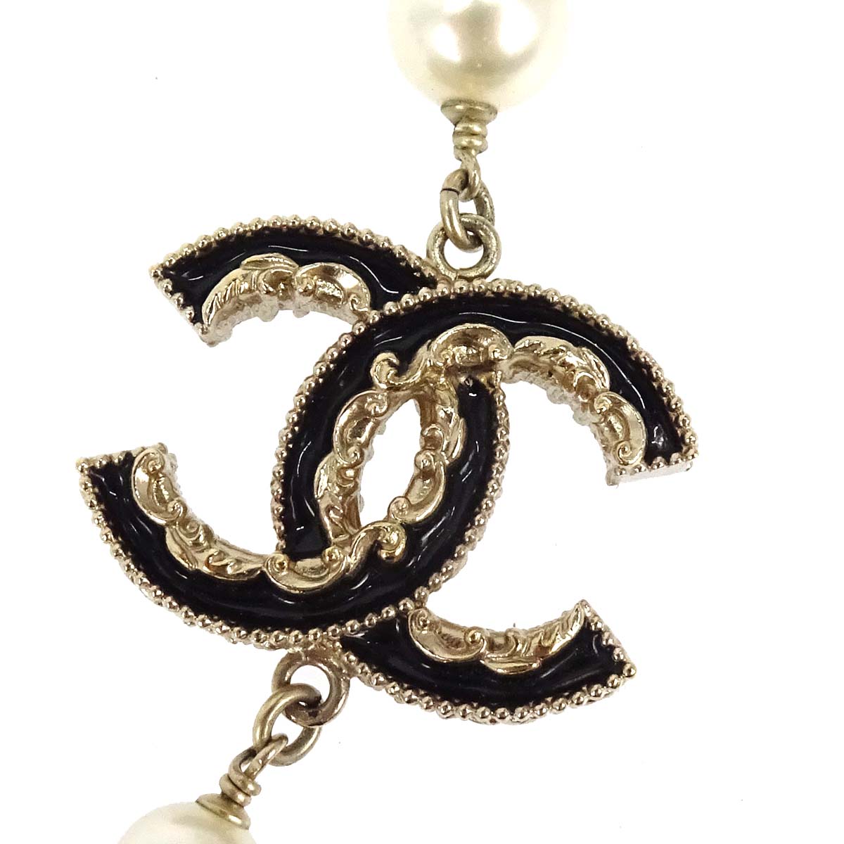 Chanel Long Chain Necklace CC Gold Black Costume Pearl B13C