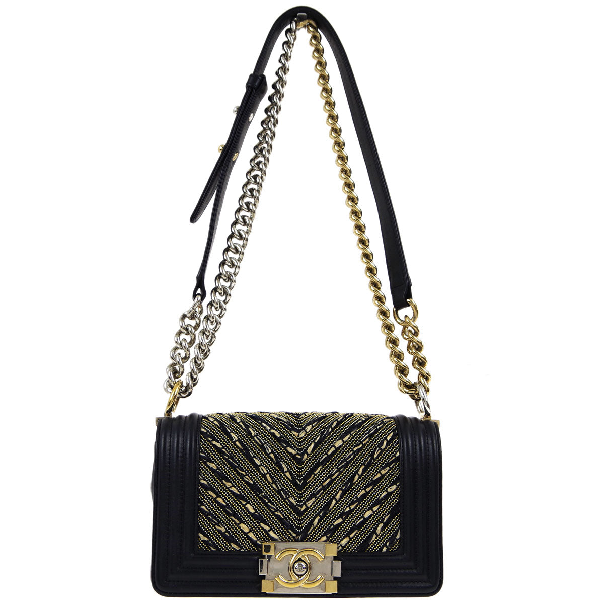 Boy Chanel 2018 Black Lambskin Chevron Double Chain Shoulder Bag