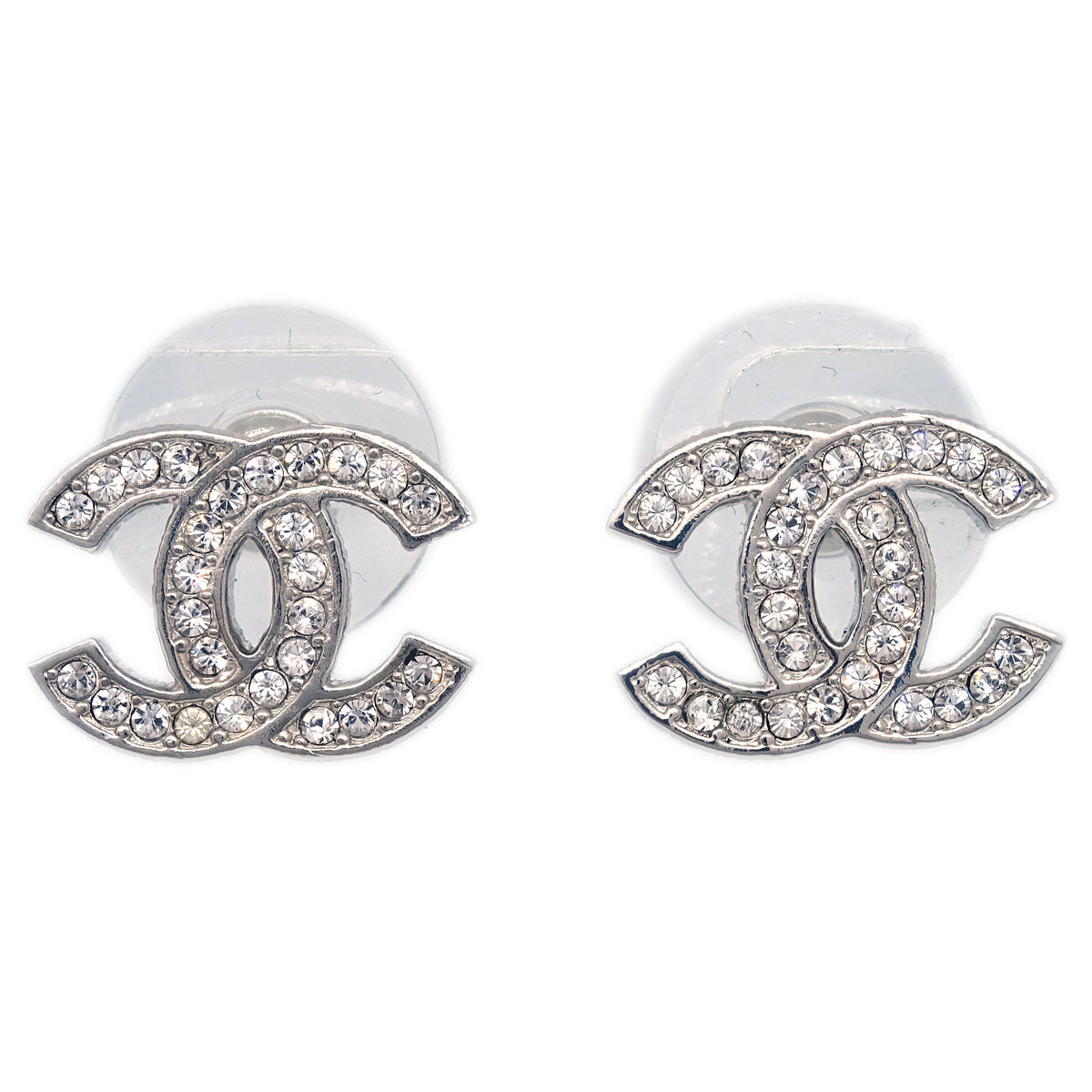 Chanel Piercing Earrings Rhinestone Silver B17V