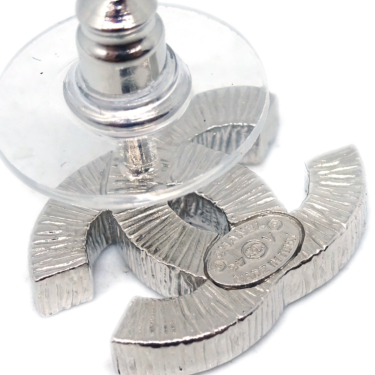 Chanel Piercing Earrings Rhinestone Silver B17V