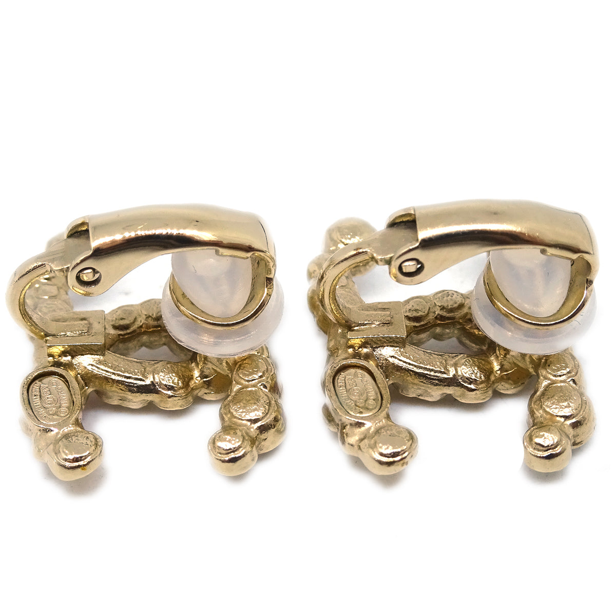 Chanel CC Earrings Clip-On Rhinestone Artificial Pearl Gold A19S