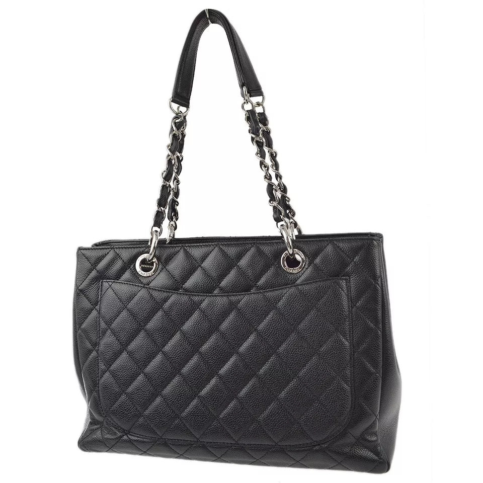 Chanel 2012 Black Caviar Grand Shopping Tote GST Chain Handbag