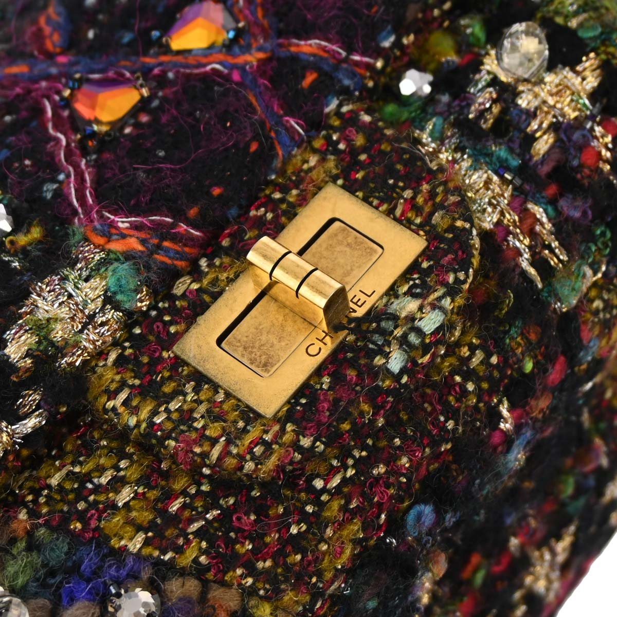 Chanel 2010-2011 Black Jeweled Tweed Mademoiselle Lock Single Flap Shoulder Bag