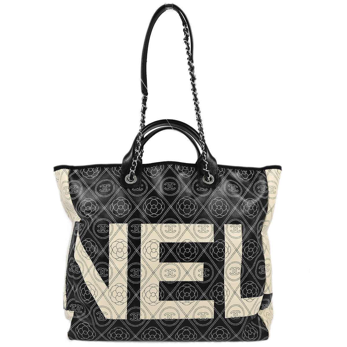 Chanel 2018 Black Printed Coated Canvas Camellia Shopping 2way Shoulder Tote Handbag
