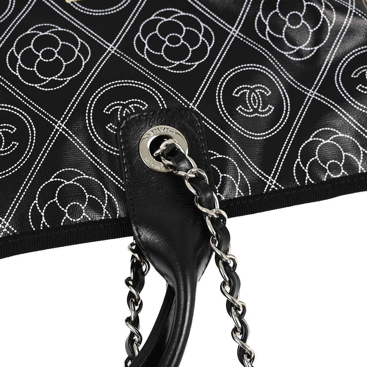 Chanel 2018 Black Printed Coated Canvas Camellia Shopping 2way Shoulder Tote Handbag