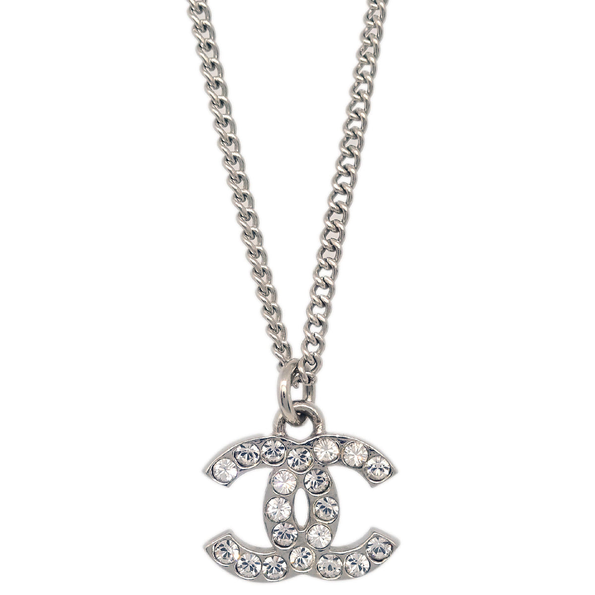 Chanel CC Chain Necklace Pendant Rhinestone Silver F12V