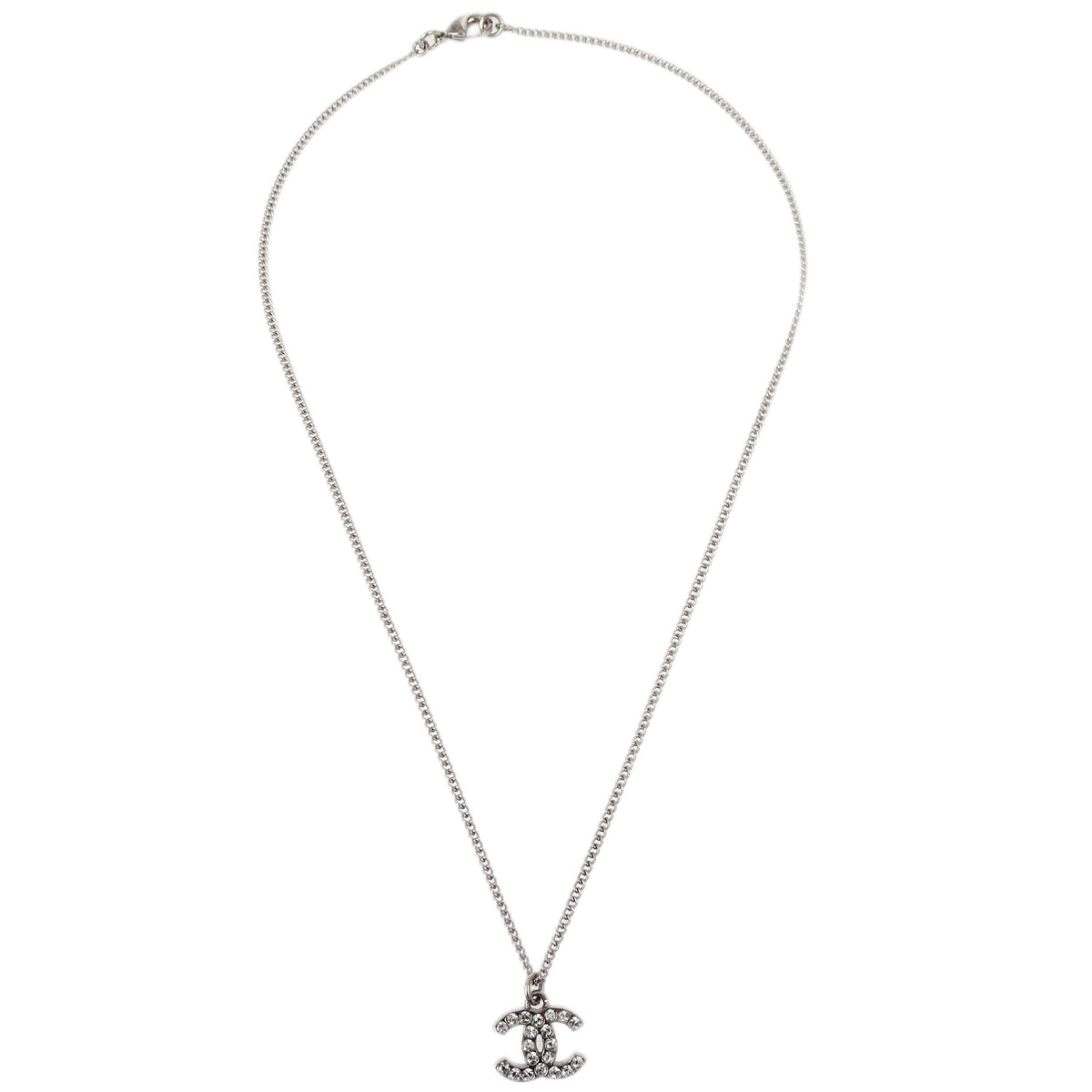 Chanel CC Chain Necklace Pendant Rhinestone Silver F12V