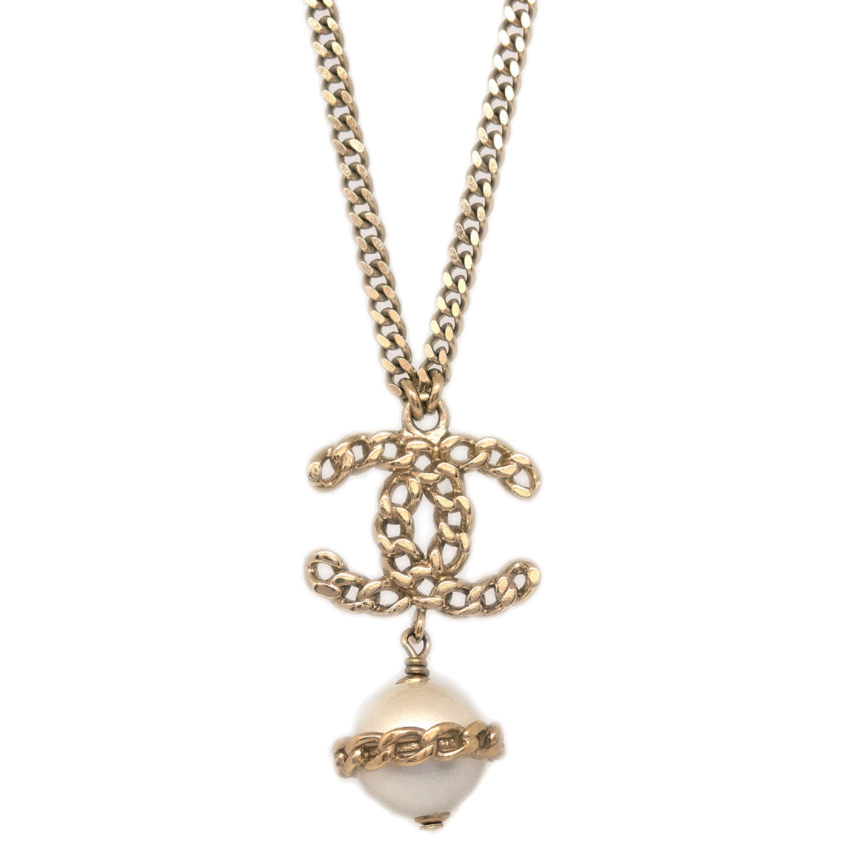 Chanel Chain Pendant Necklace Artificial Pearl Gold B16B
