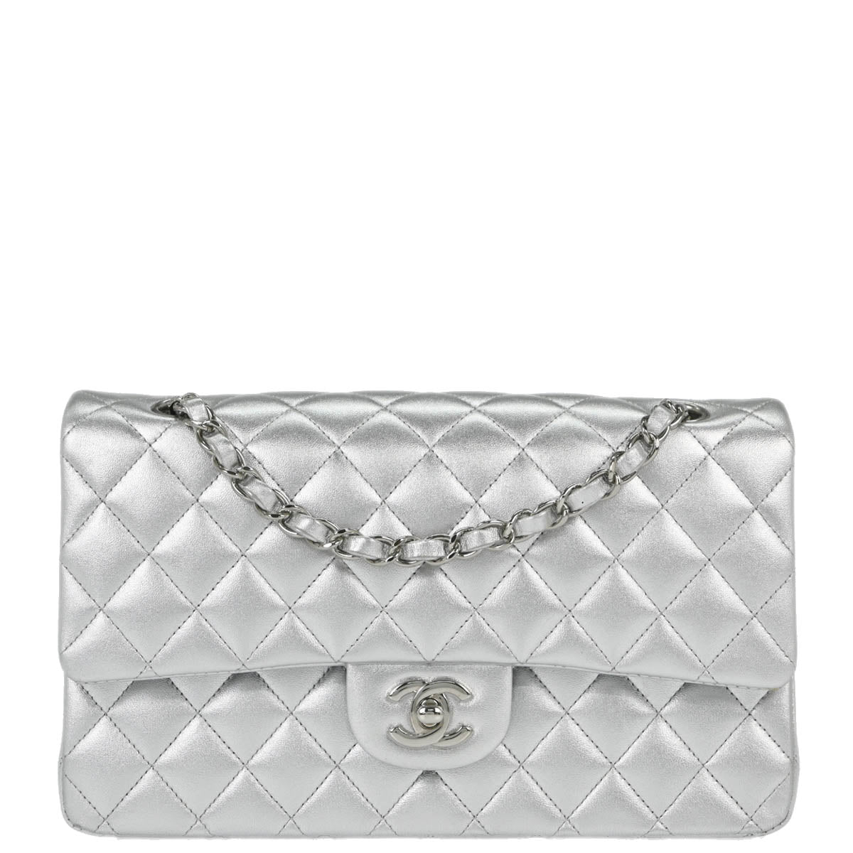 Chanel * 2010-2011 Silver Lambskin Medium Classic Double Flap Shoulder Bag