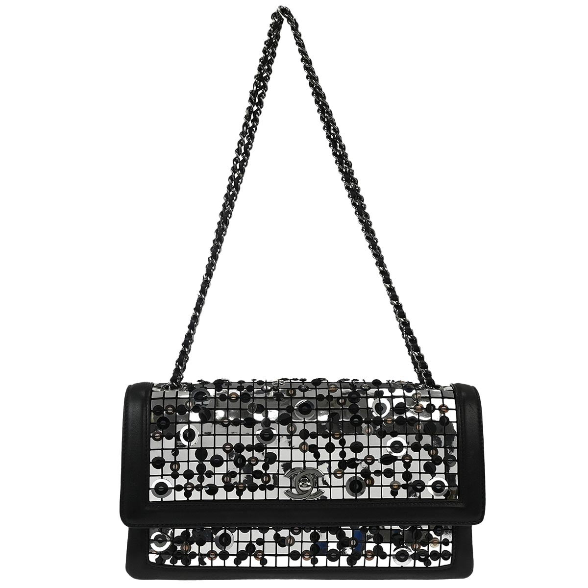 Chanel 2016-2017 Silver Lambskin Sequins Double Chain Shoulder Bag