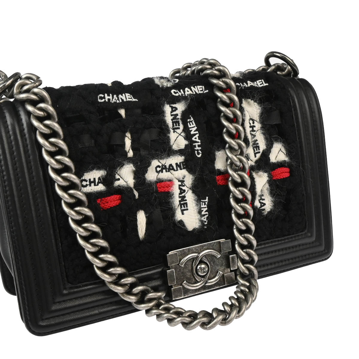 Boy Chanel 2017 Black Lambskin Fabric Medium Chain Shoulder Bag
