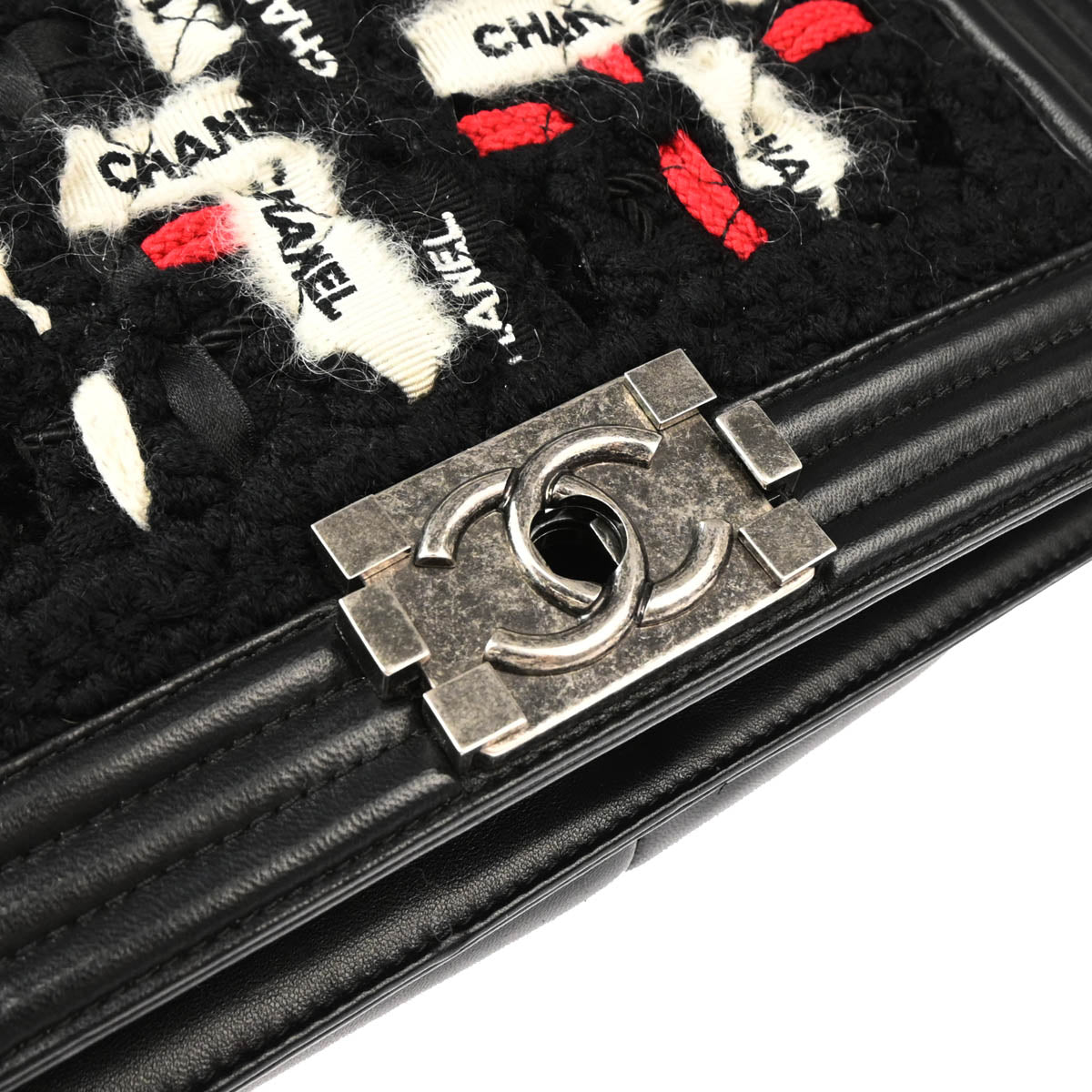 Boy Chanel 2017 Black Lambskin Fabric Medium Chain Shoulder Bag
