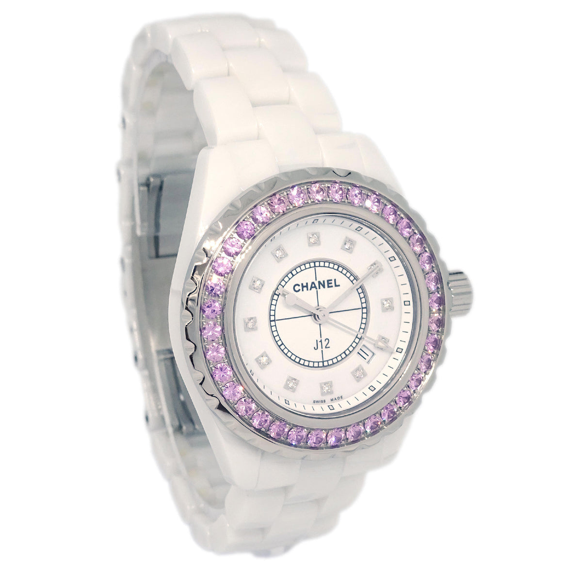 Chanel Ref.H2010 J12 33mm Quartz Watch Ceramic SS Diamond Pink Sapphire
