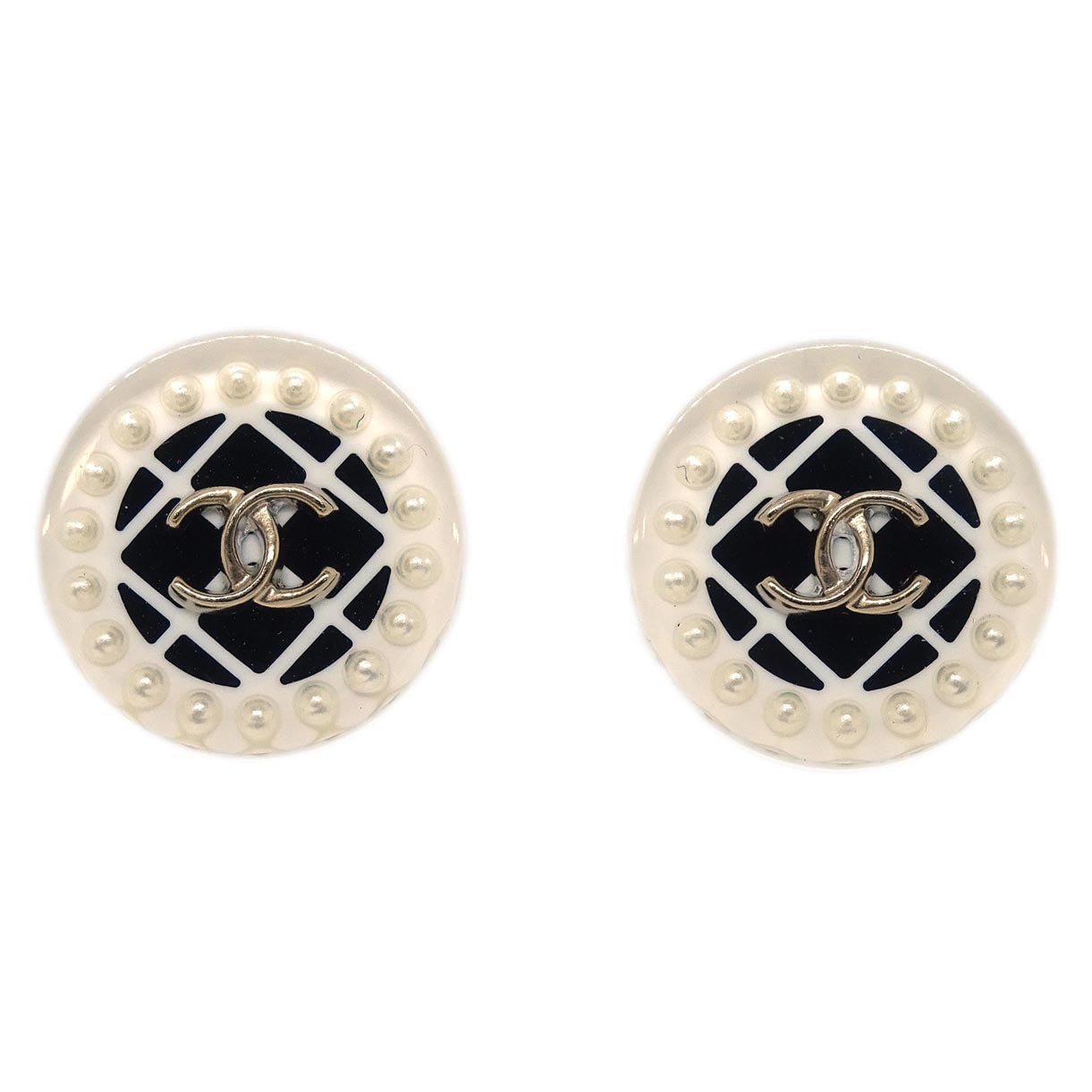 Chanel Button Piercing Earrings Acrylic White D19C
