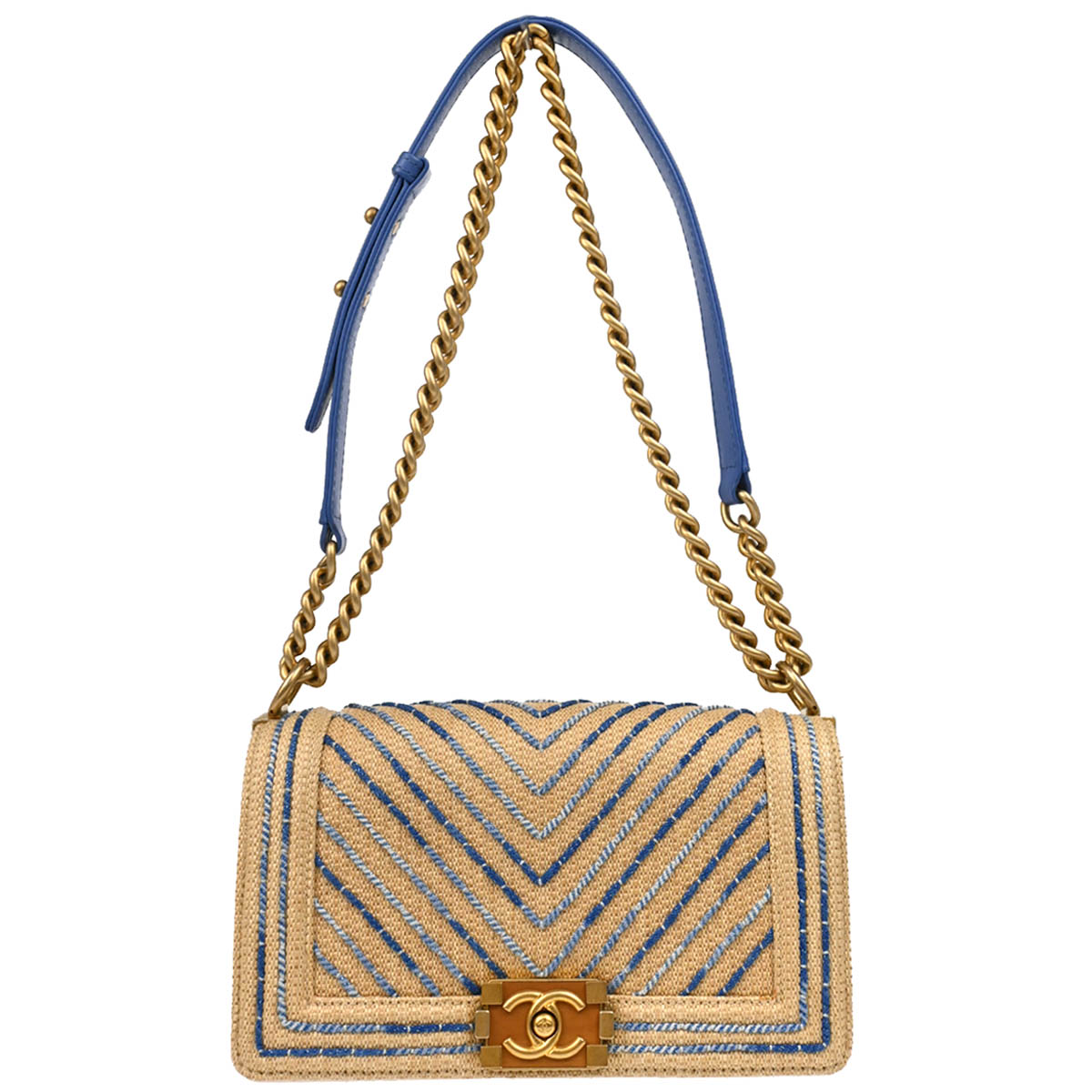 Boy Chanel Beige Straw Medium Chain Shoulder Bag