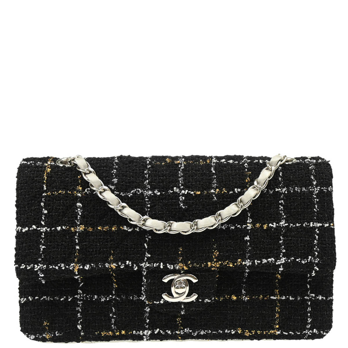 Chanel 2017 Black Tweed Lambskin Medium Classic Double Flap Shoulder Bag