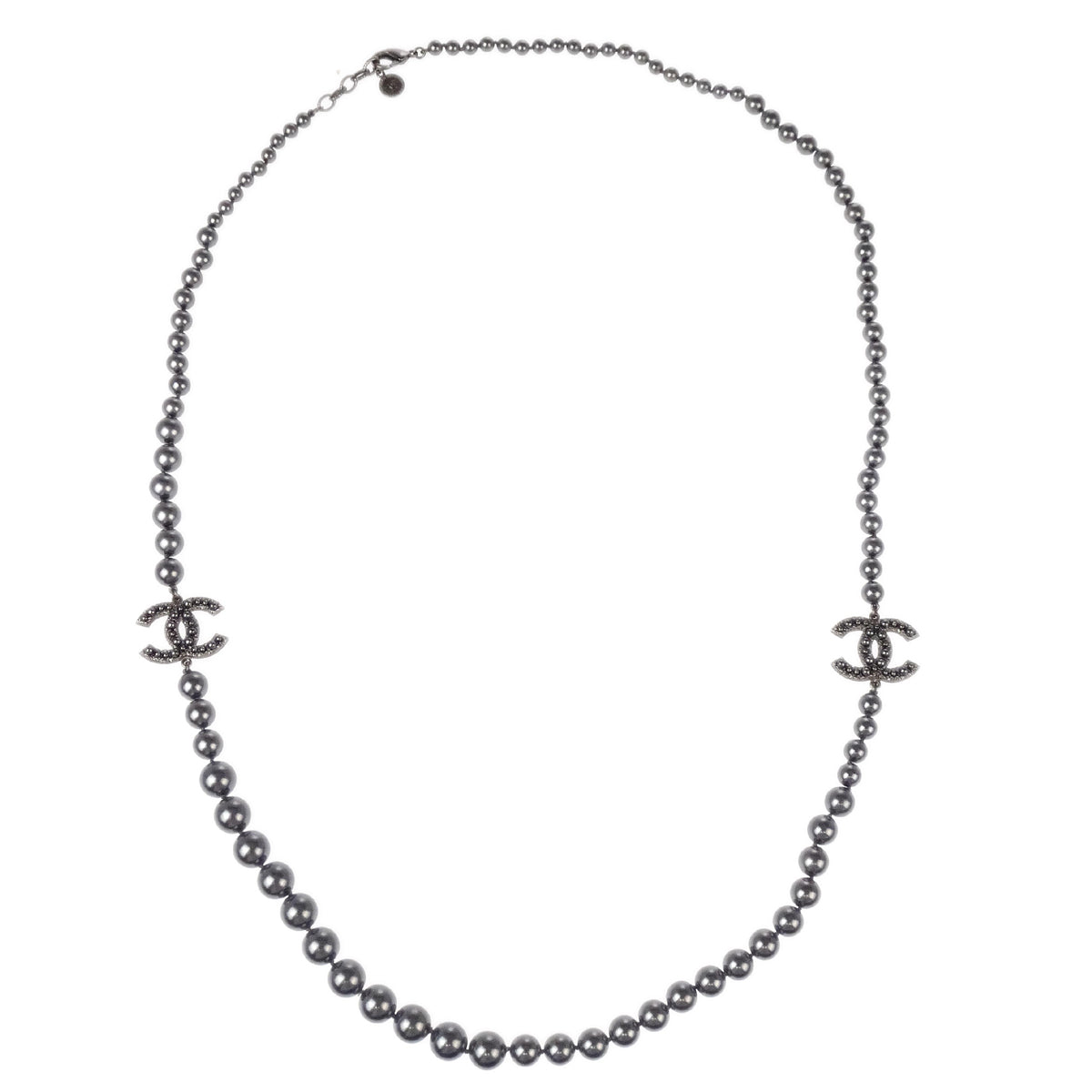 Chanel Costume Pearl Chain Necklace Silver 14C