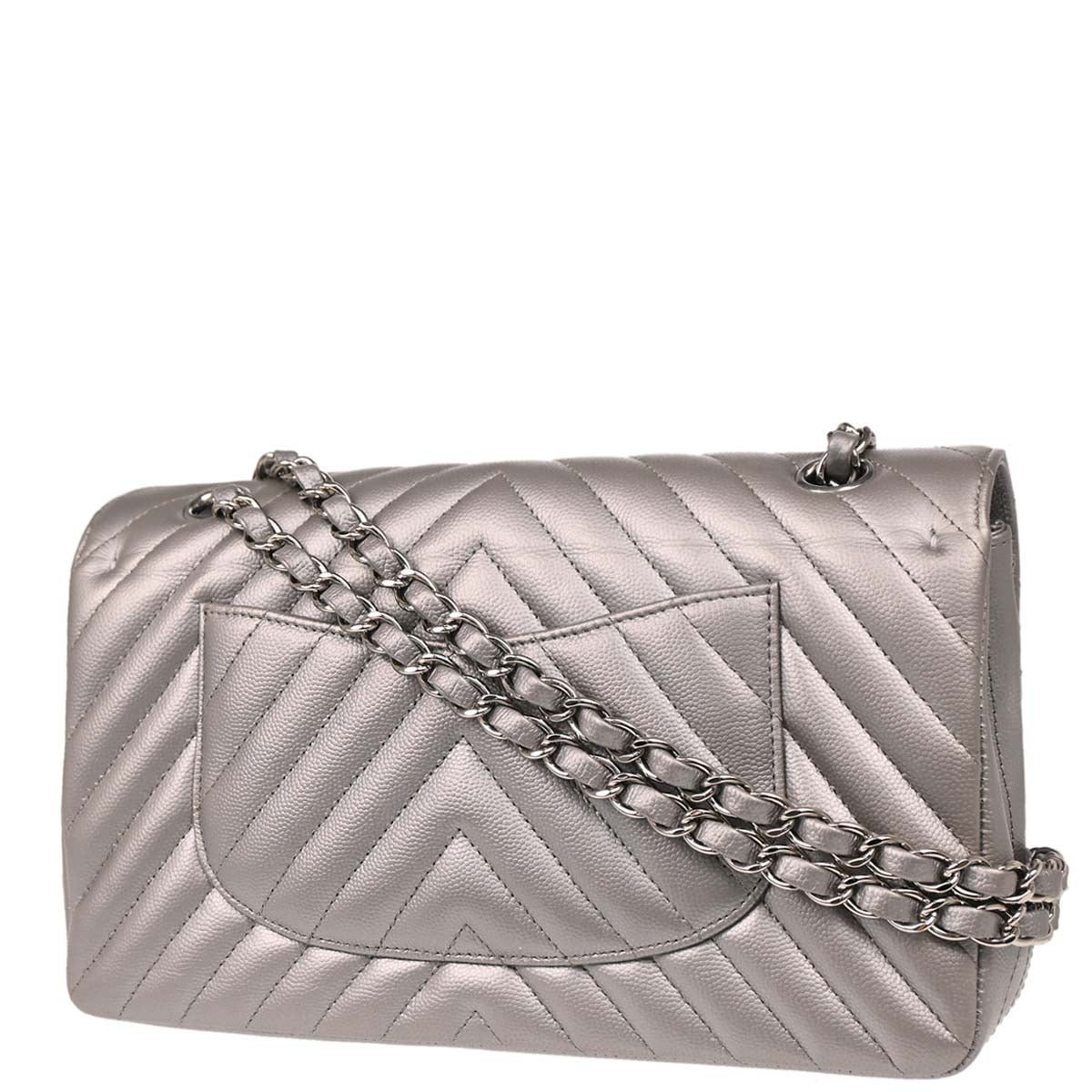 Chanel 2016-2017 Silver Caviar Chevron Medium Classic Double Flap Shoulder Bag
