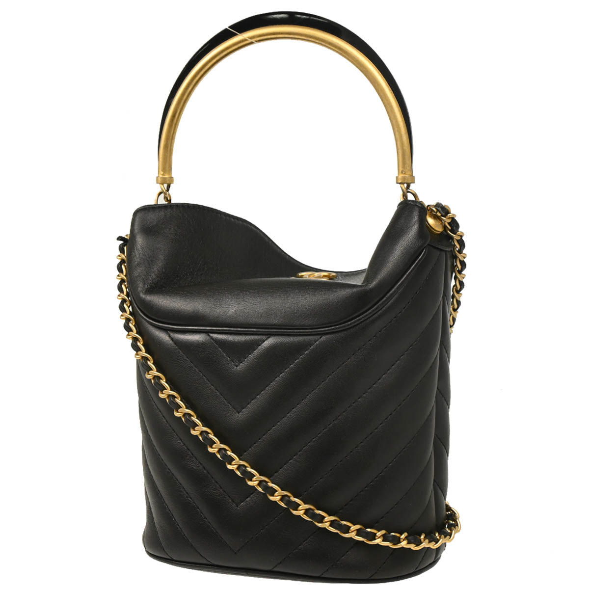Chanel 2018-2019 Black Lambskin Handle with Chic Chevron Bucket bag