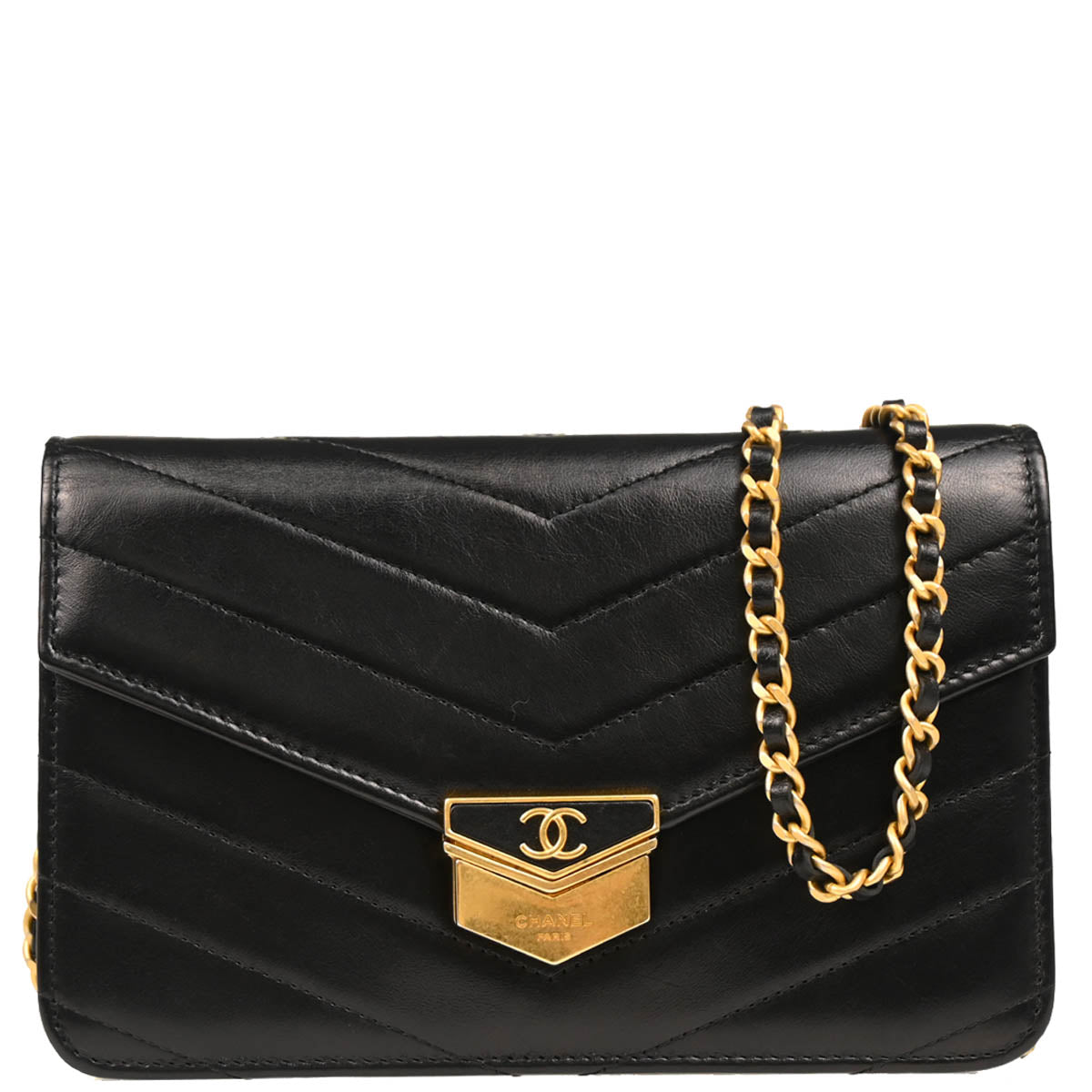 Chanel 2018-2019 Black Lambskin Chevron Medal Flap WOC Shoulder Wallet Bag
