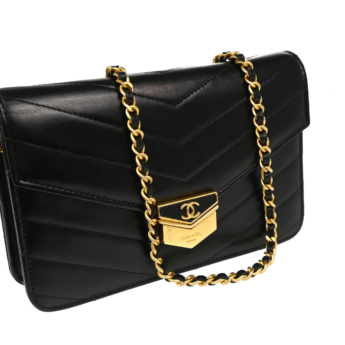 Chanel 2018-2019 Black Lambskin Chevron Medal Flap WOC Shoulder Wallet Bag