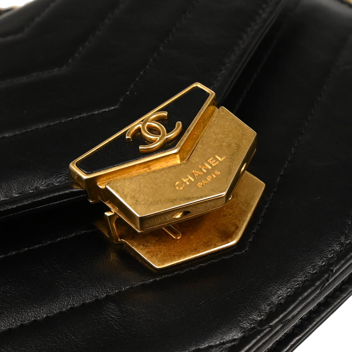 Chanel 2018-2019 Black Lambskin Chevron Medal Flap WOC Shoulder Wallet Bag
