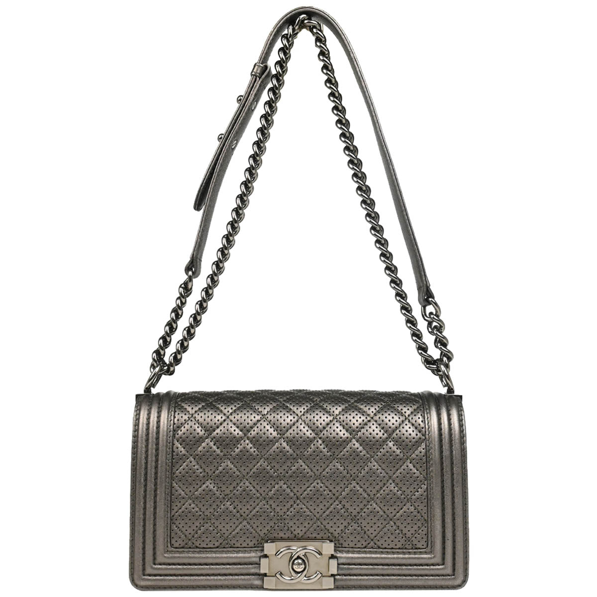 Boy Chanel 2013-2014 Silver Perforated Lambskin Medium Chain Shoulder Bag