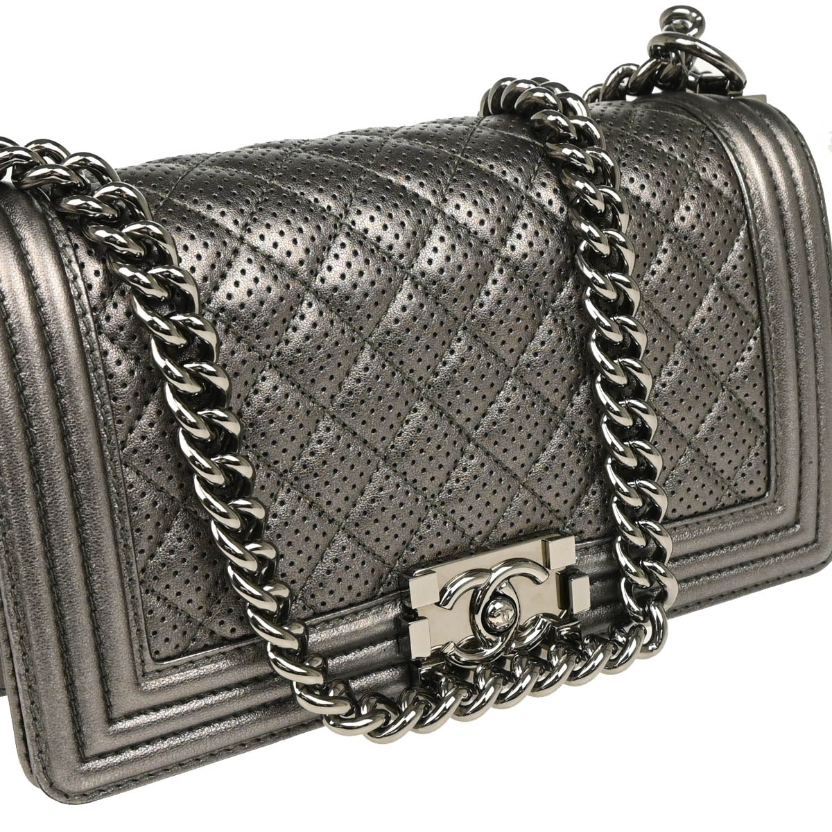 Boy Chanel 2013-2014 Silver Perforated Lambskin Medium Chain Shoulder Bag