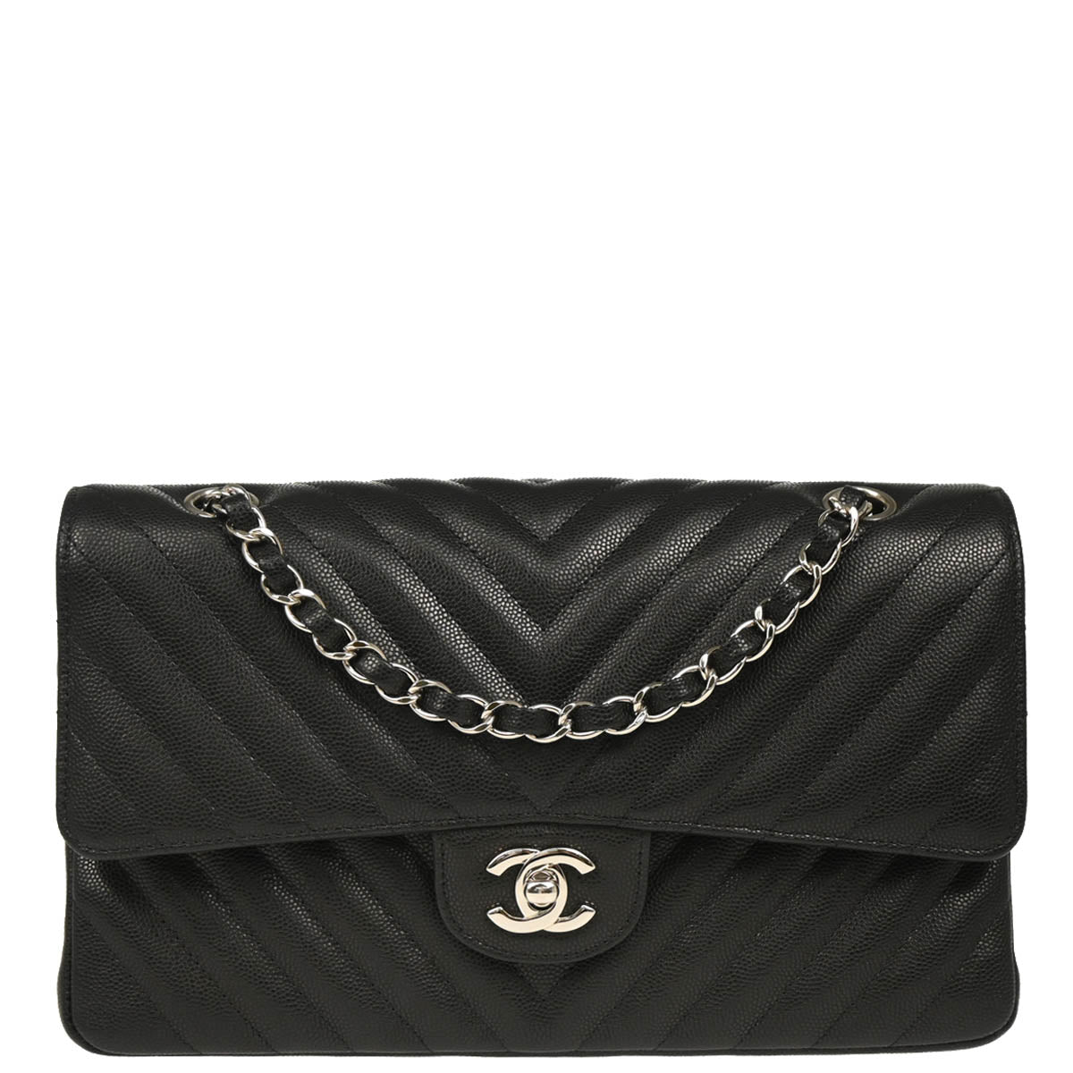 Chanel 2017-2018Black Caviar Chevron Medium Classic Double Flap Shoulder Bag