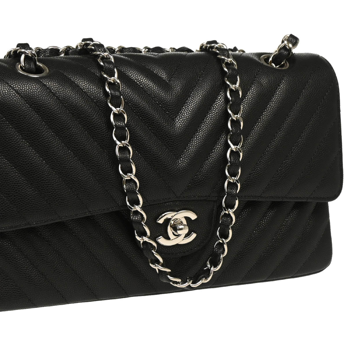 Chanel 2017-2018Black Caviar Chevron Medium Classic Double Flap Shoulder Bag