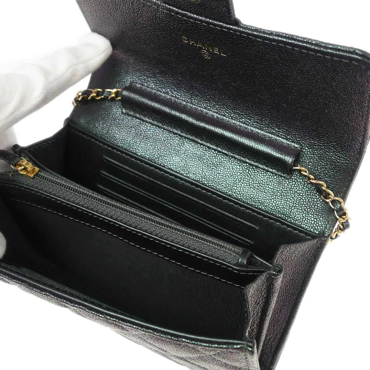 Chanel 2019 Metallic Black Caviar WOC Chain Shoulder Wallet Bag