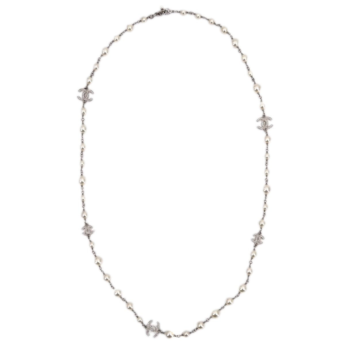 Chanel Costume Pearl Rhinestone Chain Necklace Silver