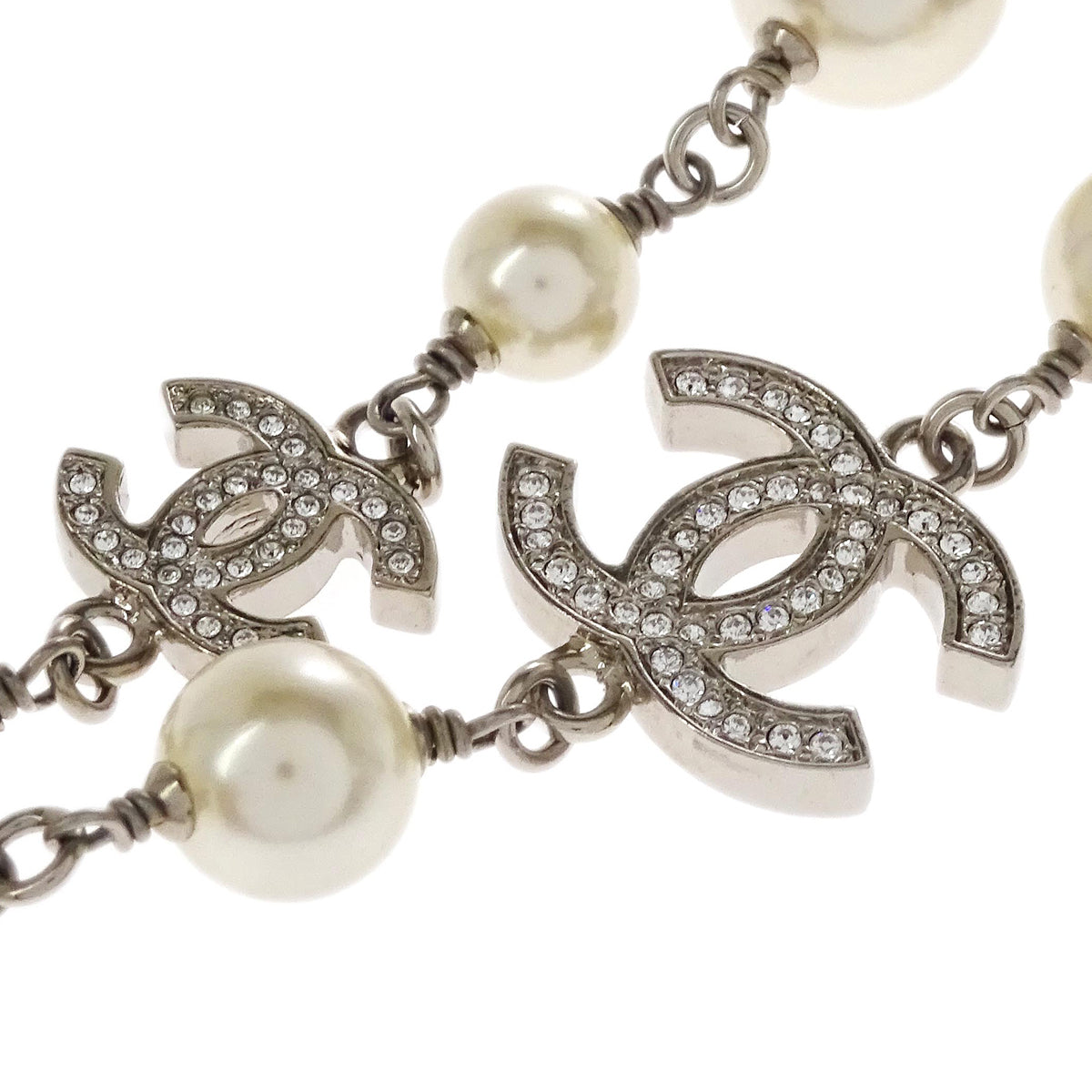 Chanel Costume Pearl Rhinestone Chain Necklace Silver