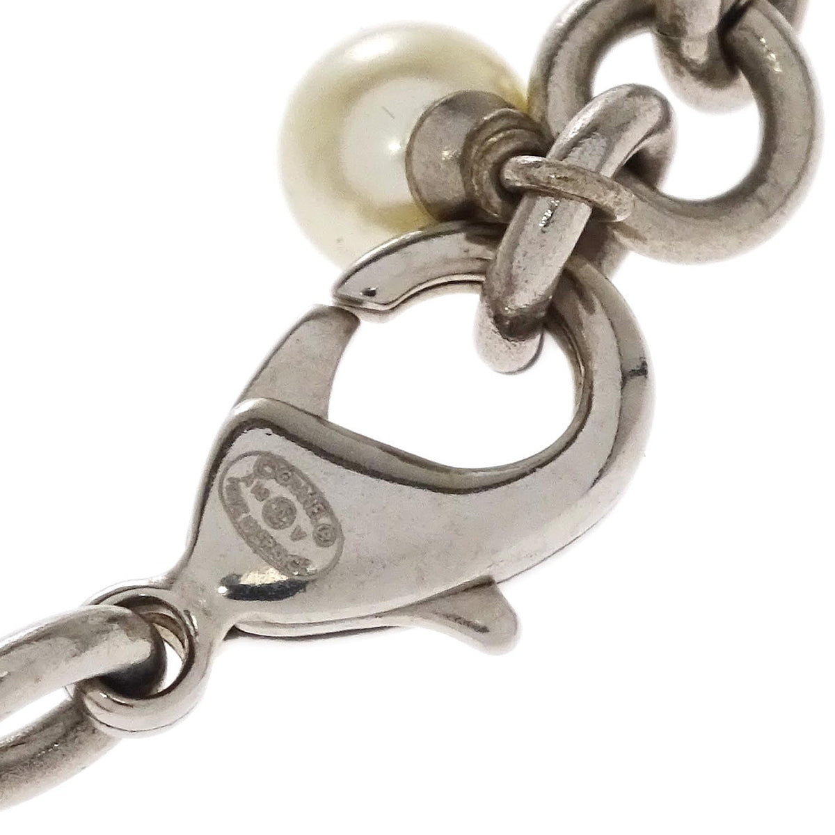 Chanel Costume Pearl Rhinestone Chain Necklace Silver