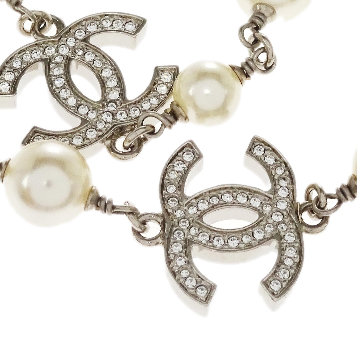 Chanel Costume Pearl Rhinestone Chain Necklace Silver