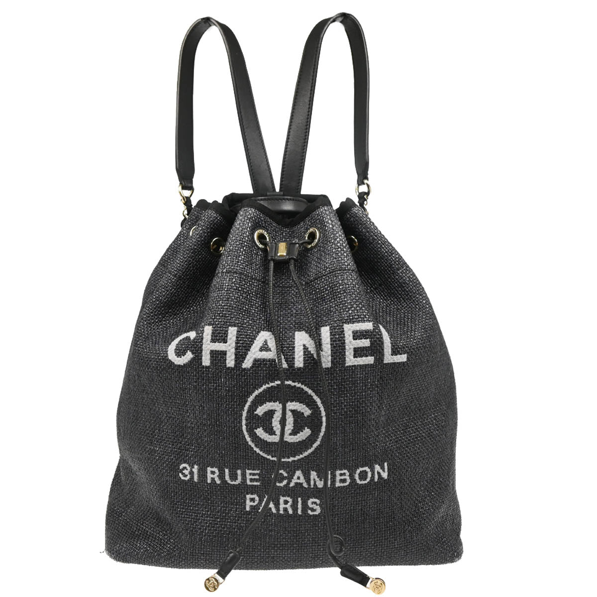 Chanel 2019 Black Straw Deauville Bucket Backpack