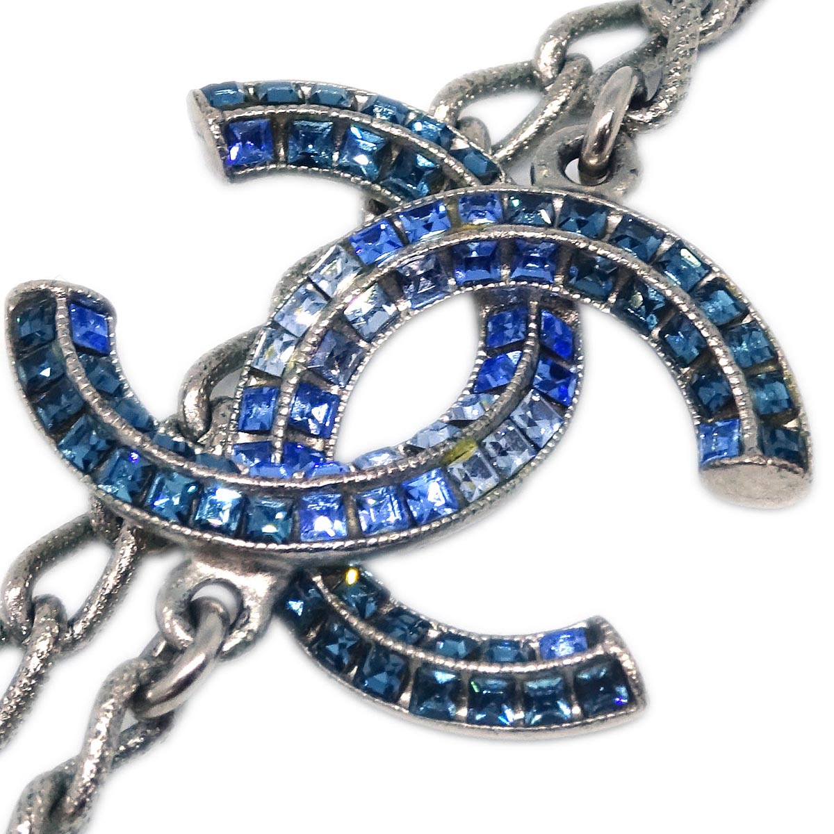 Chanel CC Chain Necklace Rhinestone Silver A15P