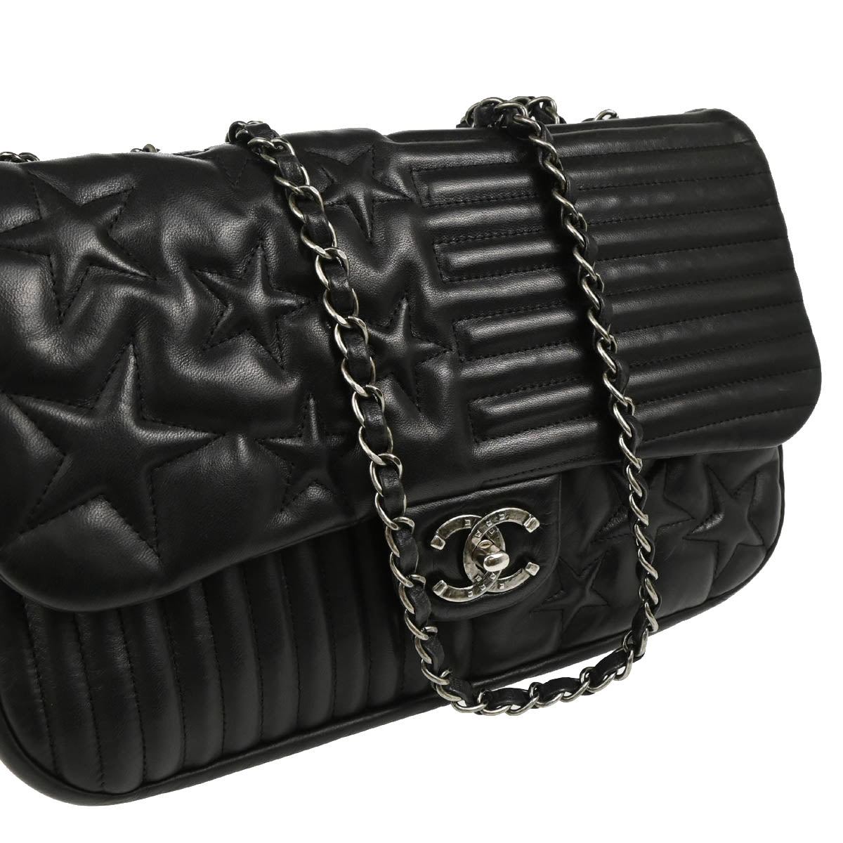 Chanel 2014 Black Lambskin Star Stitch Shoulder Bag