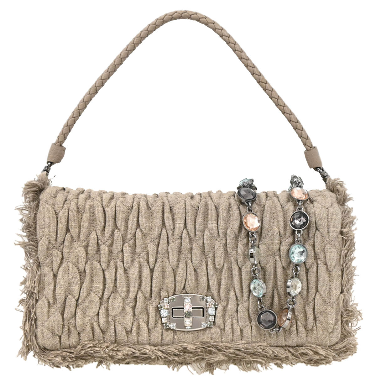 Miu Miu Beige Linen Crystal 2way Shoulder Handbag