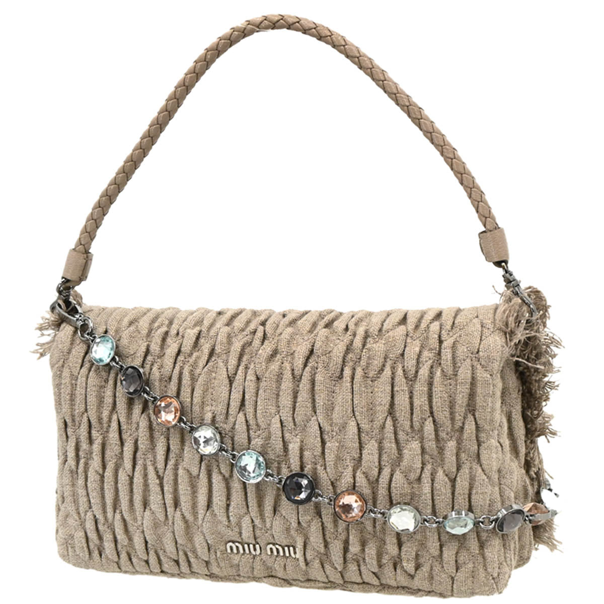 Miu Miu Beige Linen Crystal 2way Shoulder Handbag